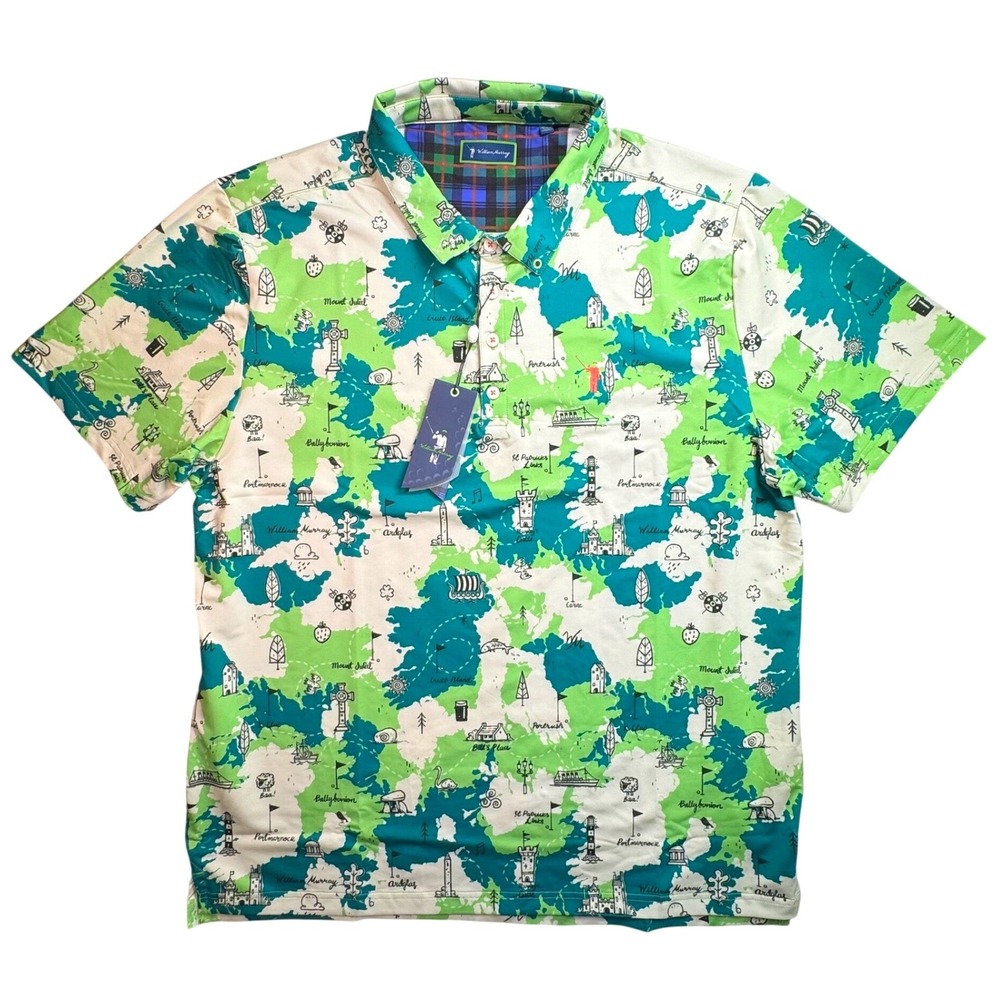 William Murray Mens The Emerald Isle Golf Polo Shirt Green Map Print XXL NWT